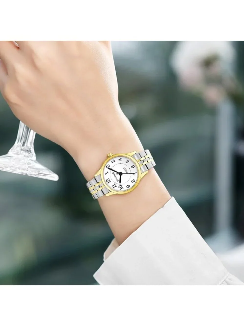 Women's Silver Gold Solid Stainless Steel Band Easy to Read Dial Wrist Watch
